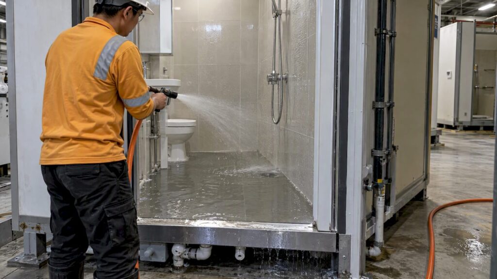 Prefabricated bathroom unit during spray testing