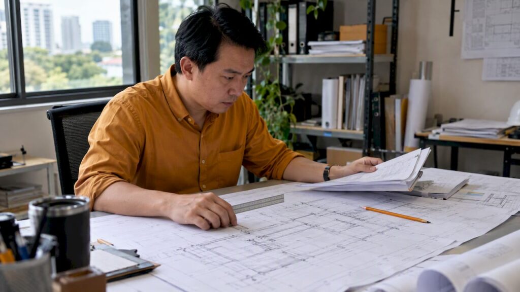 Engineer reviewing a structural design plan