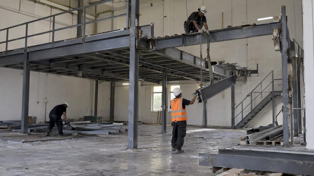 Workers dismantling a mezzanine in an industrial unit