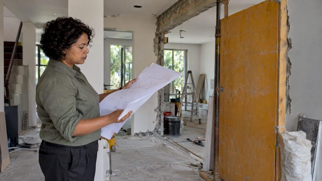 Engineer checking a revised plan beside an altered wall