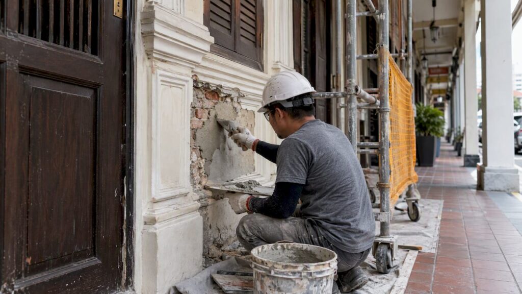 Conservation repair on a Singapore shophouse facade