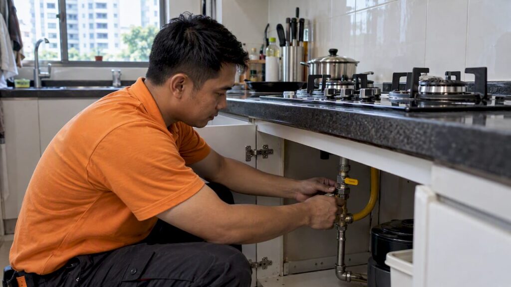 Licensed worker connecting a household gas hob