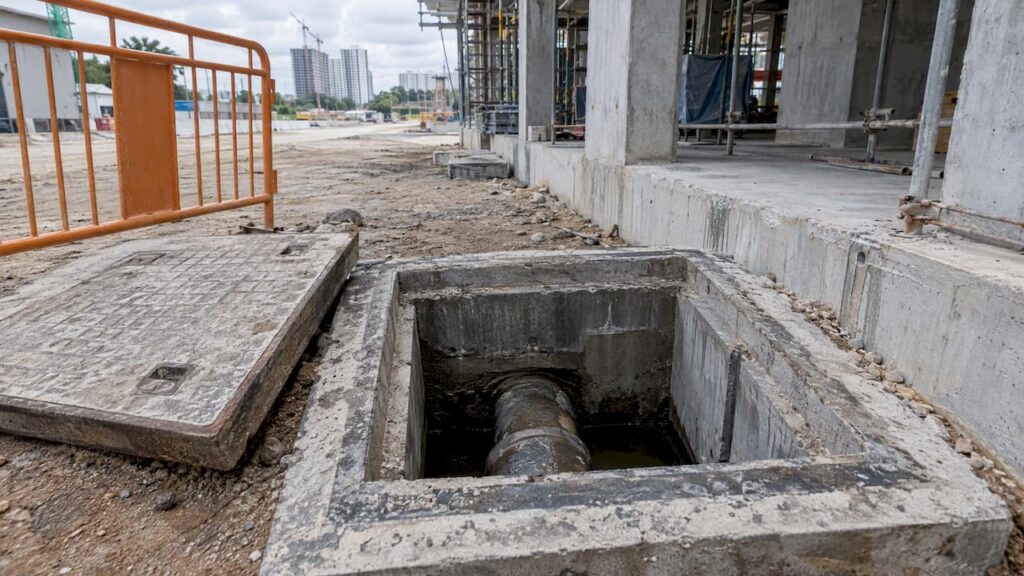 Sanitary sewer inspection chamber at construction site