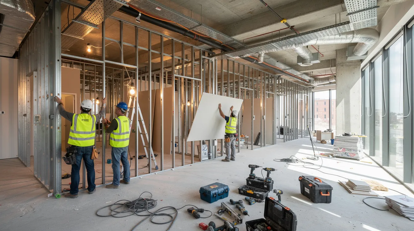 A group of construction workers is actively installing partition walls in a commercial office space as part of a renovation project. The scene highlights the ongoing renovation work, showcasing the collaboration and planning necessary to meet the renovation timeline and avoid any approval delays.
