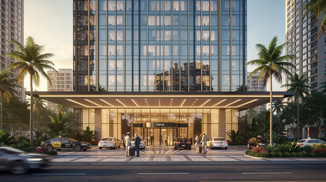 The image depicts a high-rise hotel tower characterized by a sleek glass curtain wall facade, complemented by a canopy over a drop-off area, set in a vibrant tropical city. This structure emphasizes the importance of periodic facade inspection to ensure public safety and maintain the building facade's integrity, in accordance with the building control act and guidelines from the building and construction authority.
