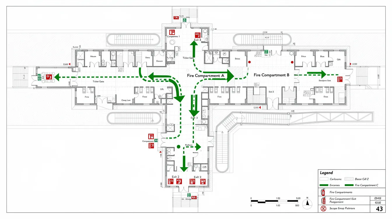The image depicts an architectural floor plan of an MRT station concourse, highlighting fire compartments, escape route markings, and essential fire safety features such as fire exits and emergency lighting. This layout is crucial for ensuring compliance with fire safety regulations and facilitating safe evacuation during emergencies.