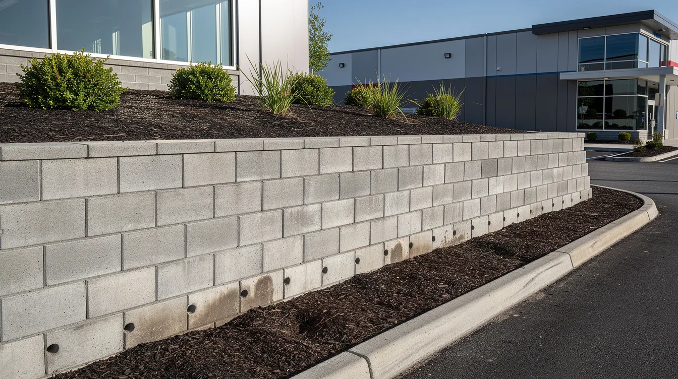 The image shows a completed retaining wall featuring visible weep holes, with landscaping above it on a commercial property. This construction project highlights the importance of professional engineer endorsements for ensuring compliance with safety regulations and project requirements.