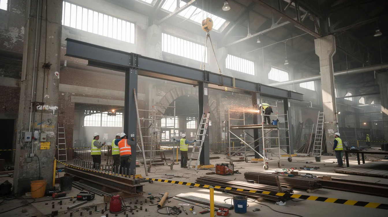 The image depicts a construction site inside an existing industrial building, where workers are installing steel beams to enhance structural safety. This process is crucial for ensuring compliance with the Building and Construction Authority (BCA) regulations and maintaining safety standards throughout the project.