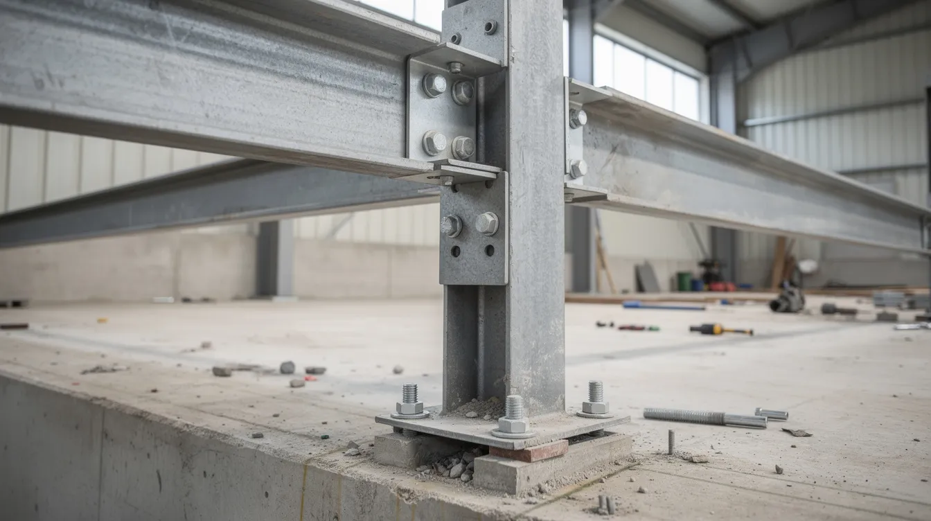 The image depicts steel beam connections and column bases of an industrial mezzanine under construction, showcasing the structural integrity and safety features necessary for compliance with building regulations. The scene highlights the installation process of the mezzanine structure, which is essential for maximizing usable floor space in the building.