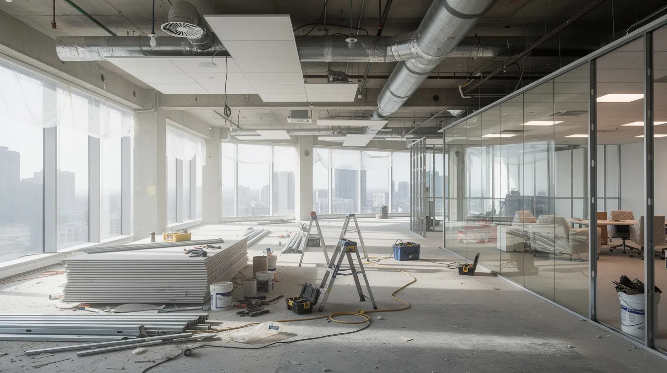 The image depicts an open plan office space currently undergoing a renovation project, showcasing exposed ceilings and various construction materials scattered throughout the area. This renovation work highlights the ongoing process of structural alterations and site preparation, essential for creating a modern and functional workspace.