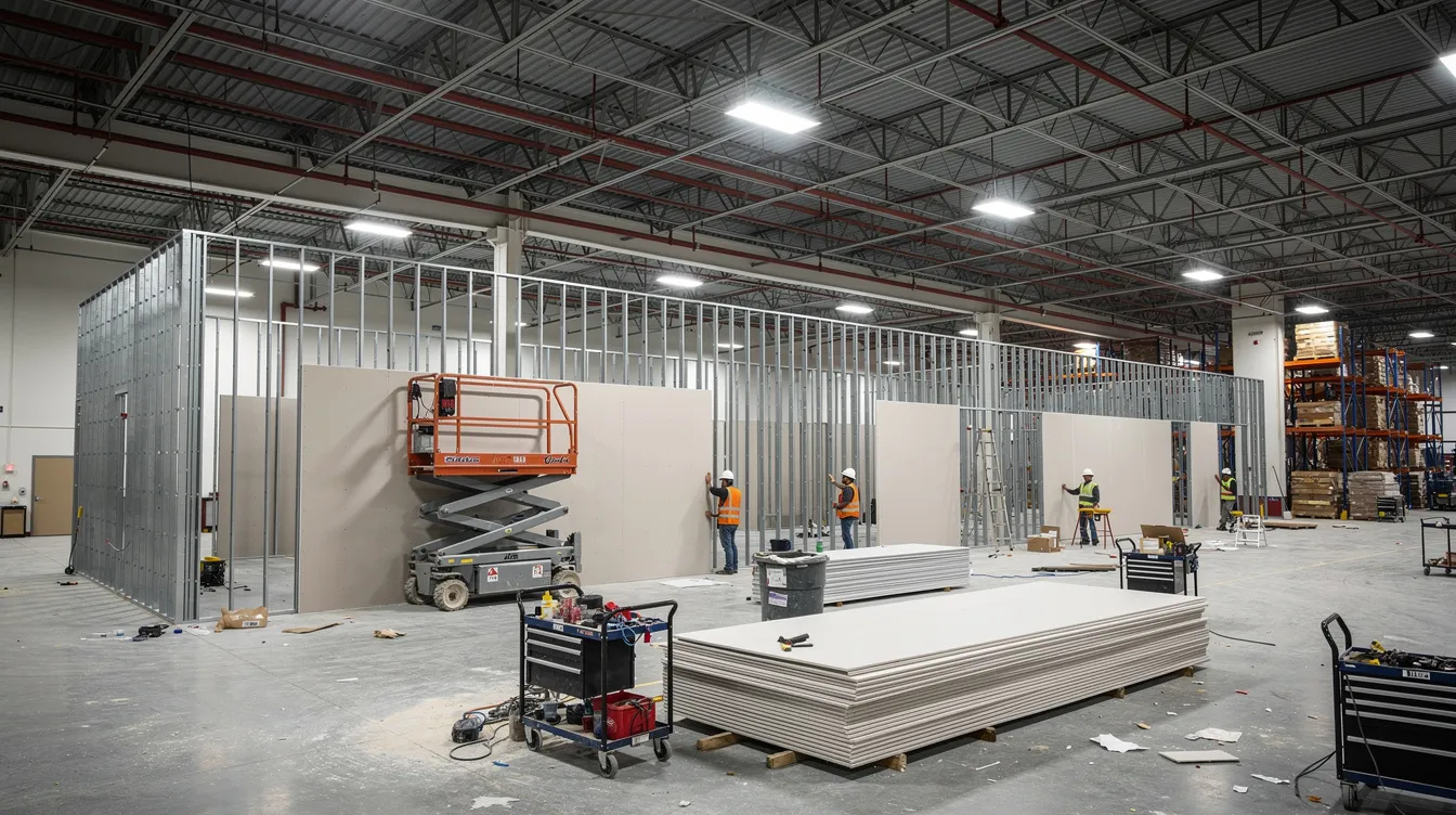 The image depicts an industrial warehouse where drywall partitions are being installed, with overhead sprinkler piping visible above. This scene highlights the importance of fire safety provisions, including the installation of fire protection systems and compliance with relevant building codes.