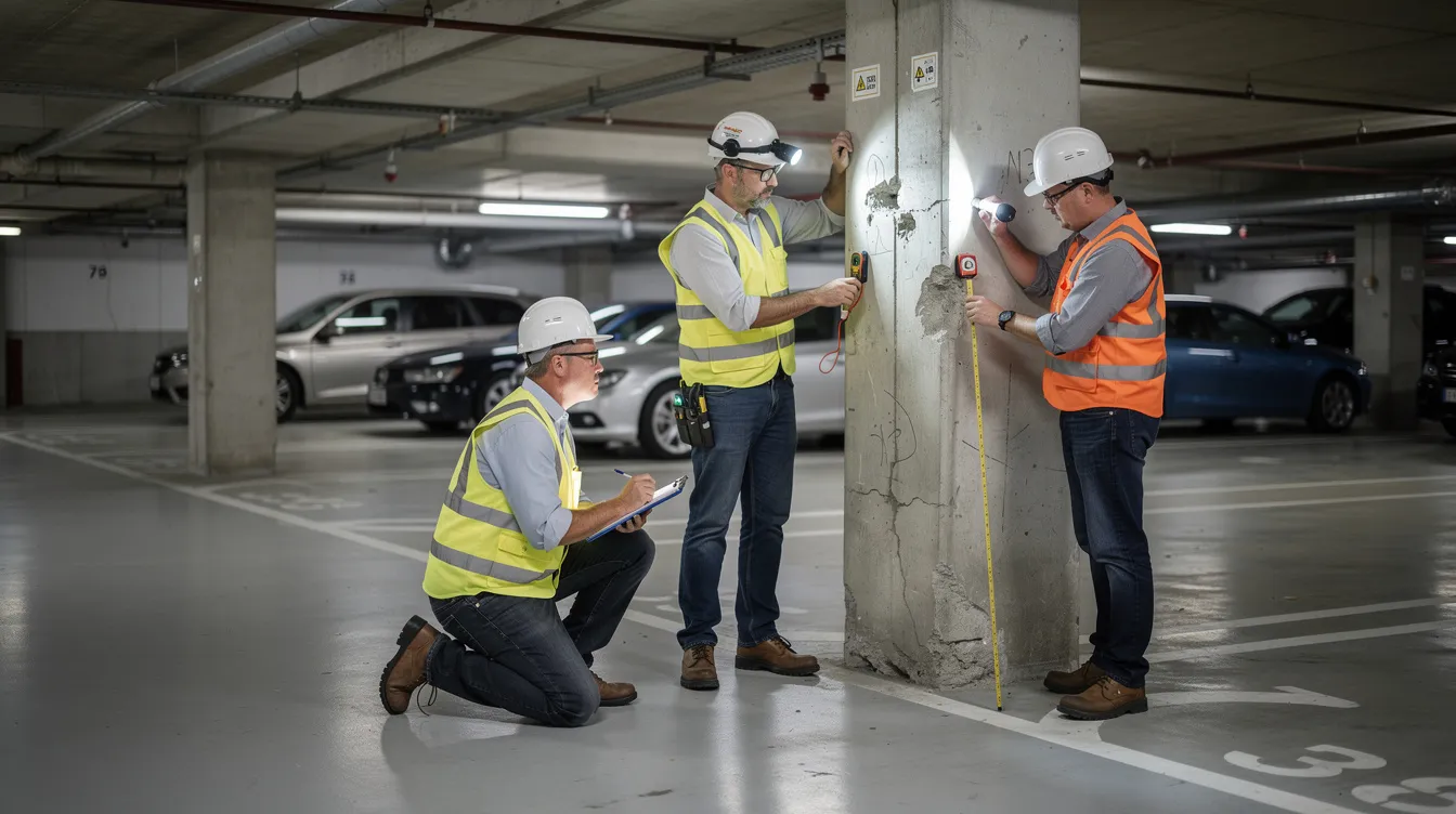 A structural inspection team is closely examining concrete columns in a residential carpark, ensuring safety and integrity for potential buyers of the condominium. This inspection is crucial for assessing the development's condition in the competitive Singapore market, where the price of bigger units can vary significantly over the years.