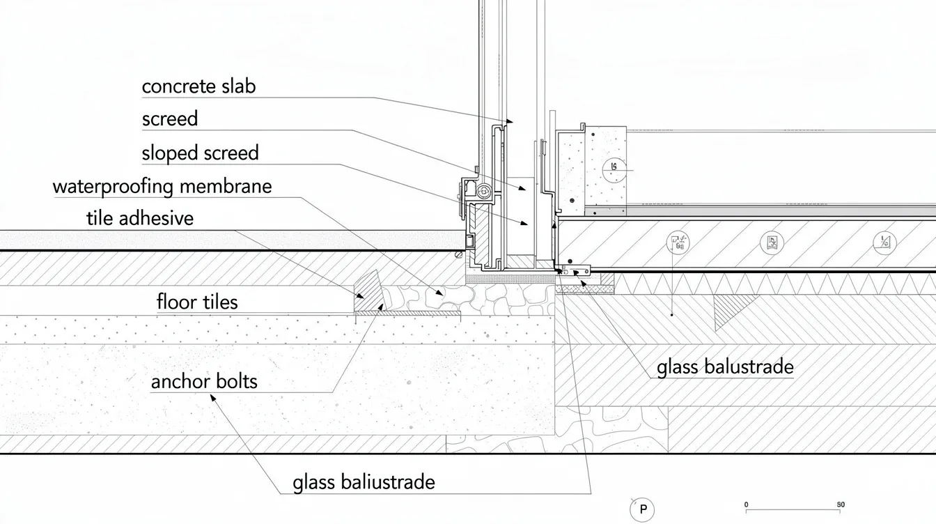 The image depicts an annotated section drawing of a glass balustrade base shoe, illustrating the waterproofing membrane and tile buildup layers. This detailed design drawing emphasizes the importance of accurate dimensions and planning ahead to avoid common mistakes that could lead to costly rework during installation.