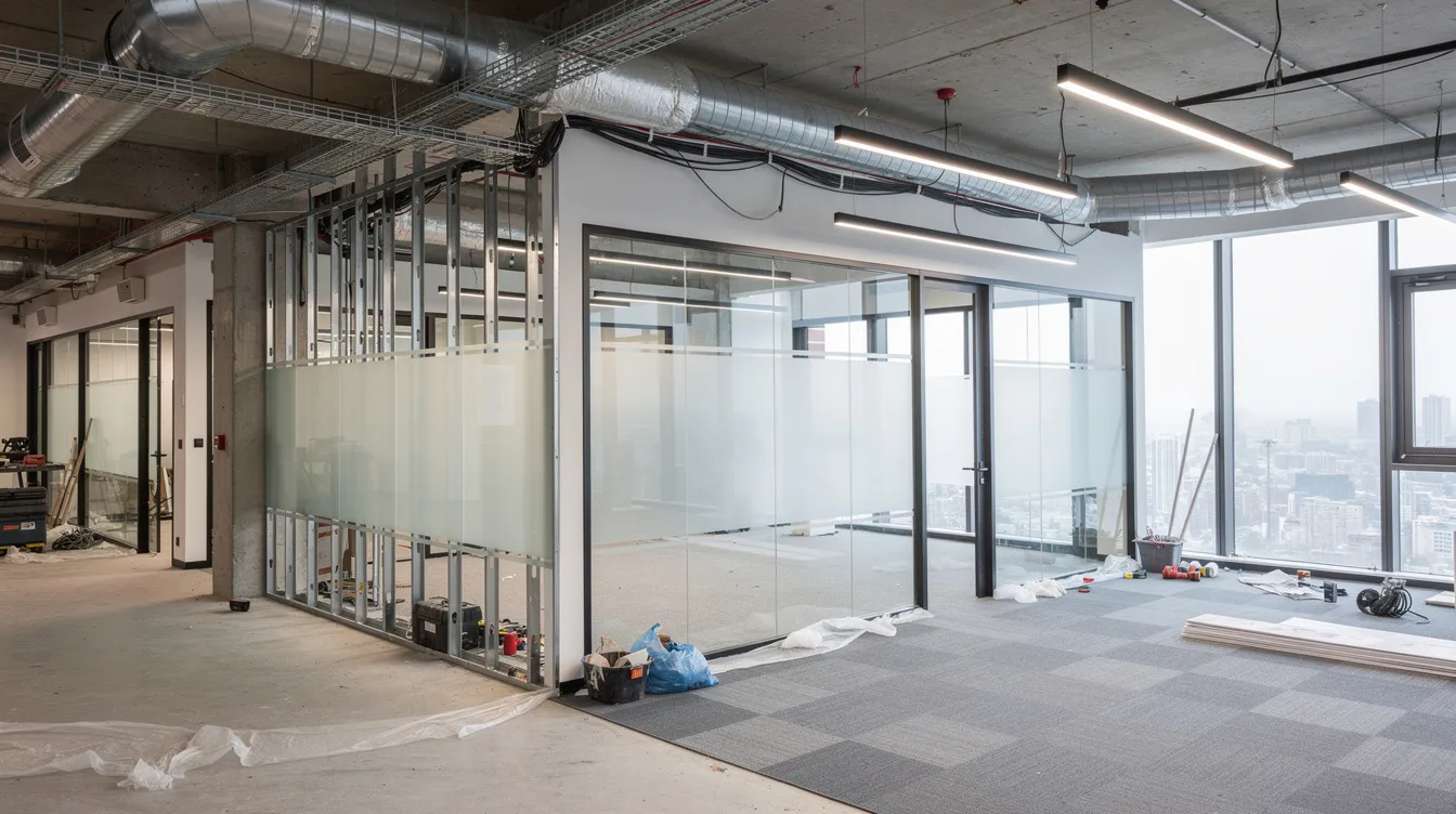 The image depicts a modern commercial office interior undergoing renovation, showcasing exposed ceiling services and distinct partitioned work zones. This transformation reflects the complexities of office fit-out projects, emphasizing the importance of safety systems, structural integrity, and compliance with fire safety standards during the renovation journey.