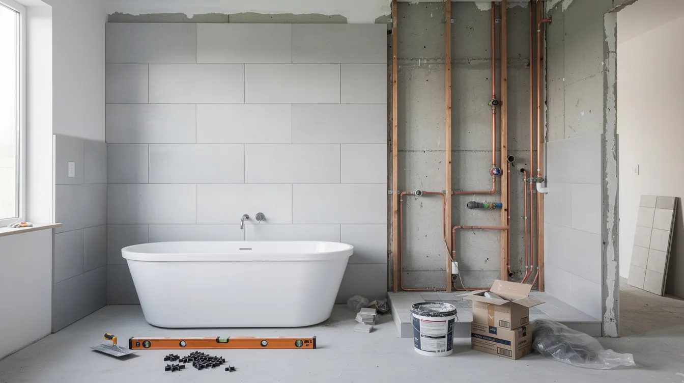 The image depicts a modern bathroom mid-renovation, showcasing exposed plumbing pipes and new wall tiles being installed, highlighting the ongoing renovation work in an HDB flat. This scene illustrates the critical stages of the renovation process, including structural changes and material selection, essential for achieving a dream home while adhering to HDB renovation guidelines.