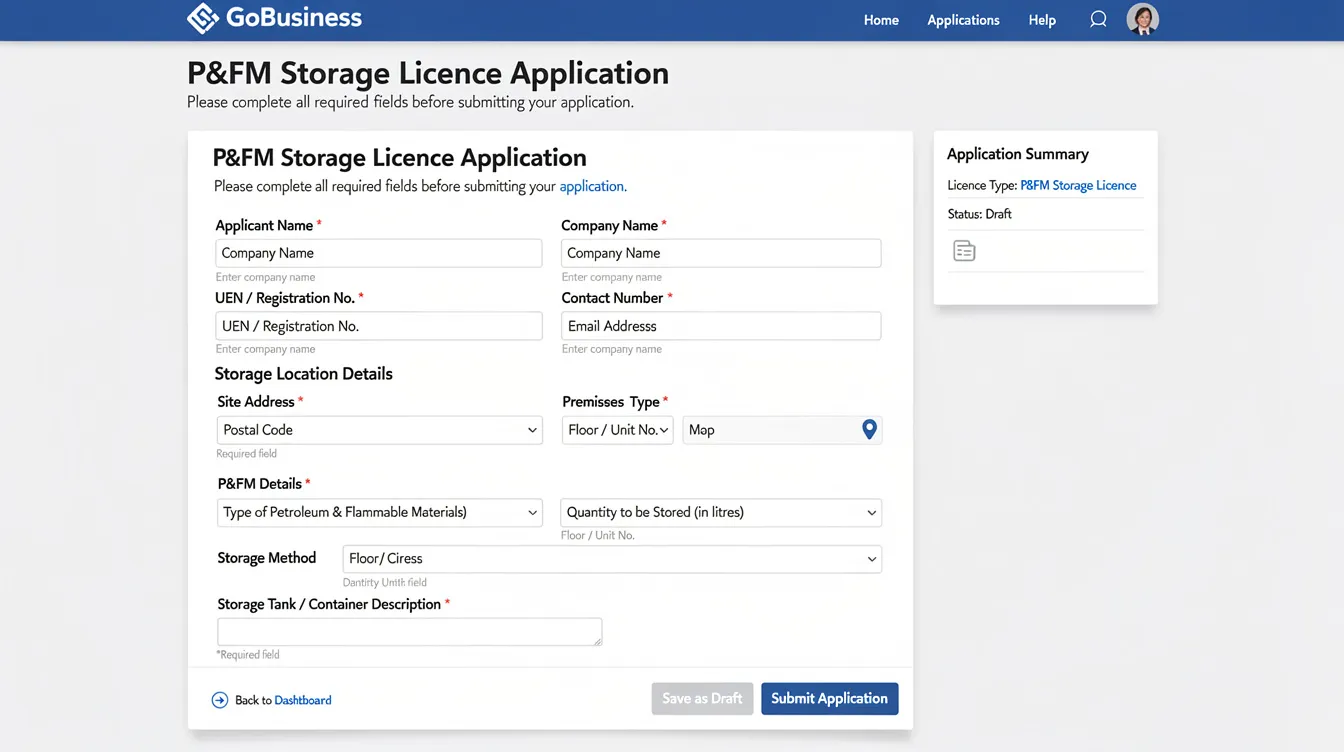 The image shows a screenshot of the GoBusiness portal displaying the application fields for a P&FM storage licence, including sections for submitting required documents and information related to fire safety regulations and hazardous materials. It highlights the importance of compliance with fire safety standards and the Singapore Civil Defence Force's requirements for safely storing petroleum and flammable materials.