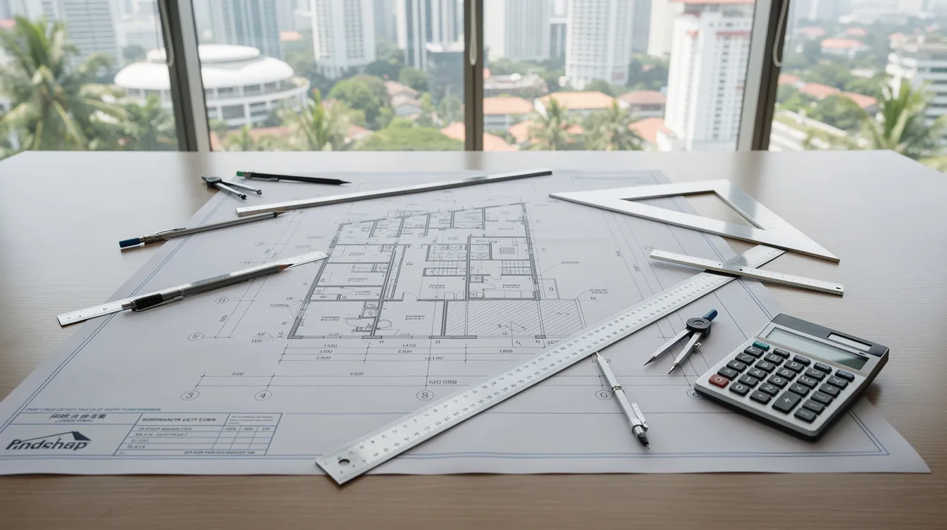 An architectural blueprint is spread across a desk in a Singapore office, showcasing detailed structural drawings alongside various engineering tools. This setting emphasizes the importance of careful planning and compliance in business operations, particularly for those looking to manage renovation costs and other expenses effectively.
