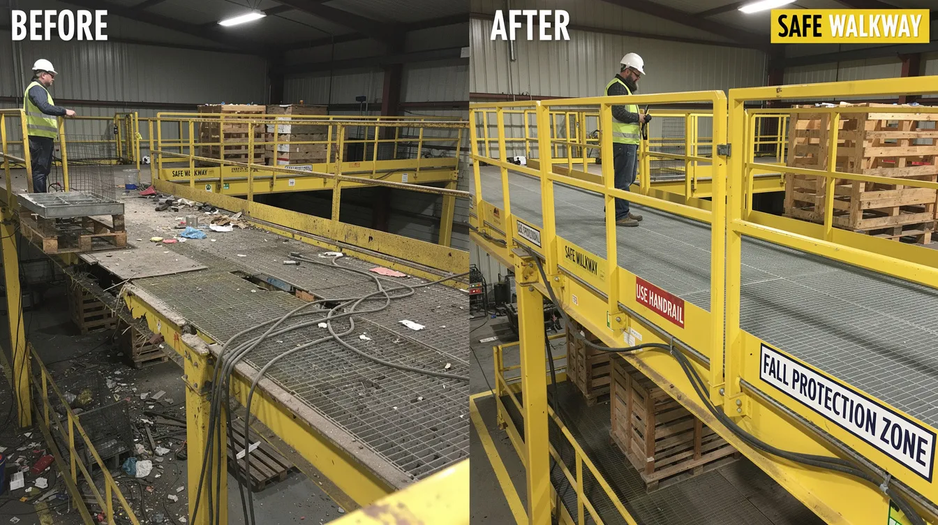 The image presents a before and after comparison of a factory mezzanine, illustrating the transition from non-compliant conditions to fully regularized ones. This visual reflection highlights the complexity of the process and serves as a valuable guide for understanding the necessary steps to achieve compliance.