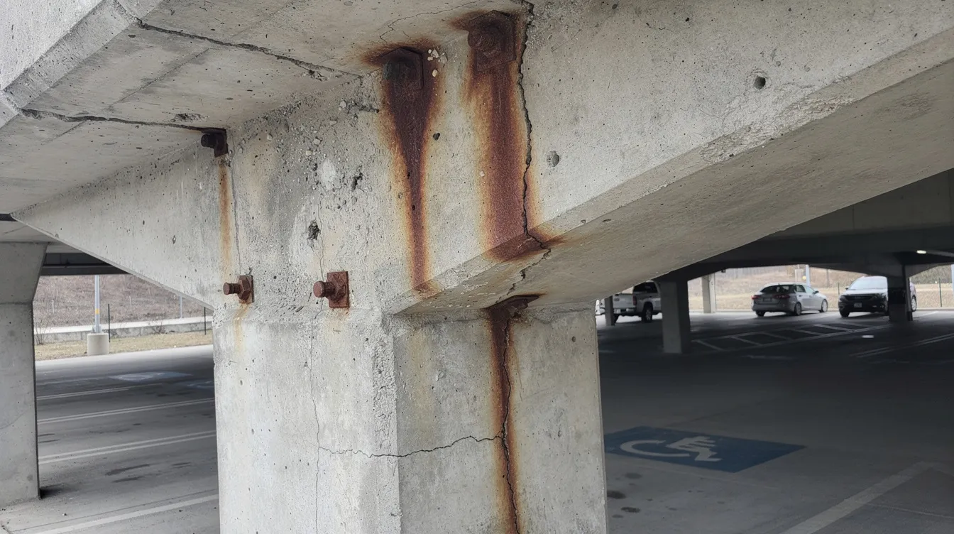 The image depicts an exposed concrete beam soffit in a parking deck, showcasing visible rust staining and minor cracks, which may indicate potential structural defects. This highlights the importance of periodic structural inspections (PSI) to ensure the structural integrity and safety of non-residential buildings, as required by the Building Control Act (BCA).