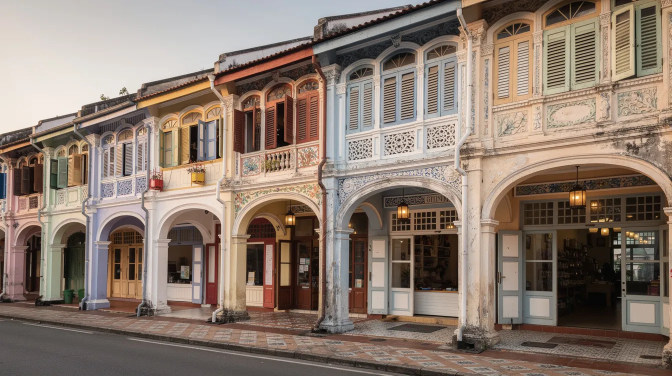 The image depicts the exterior facade of a row of traditional shophouses featuring ornate architectural details and a five-foot walkway, showcasing the unique building types that reflect Singapore's heritage. These commercial buildings may require periodic structural inspections (PSI) to ensure their structural integrity and compliance with safety regulations set by the Building and Construction Authority.