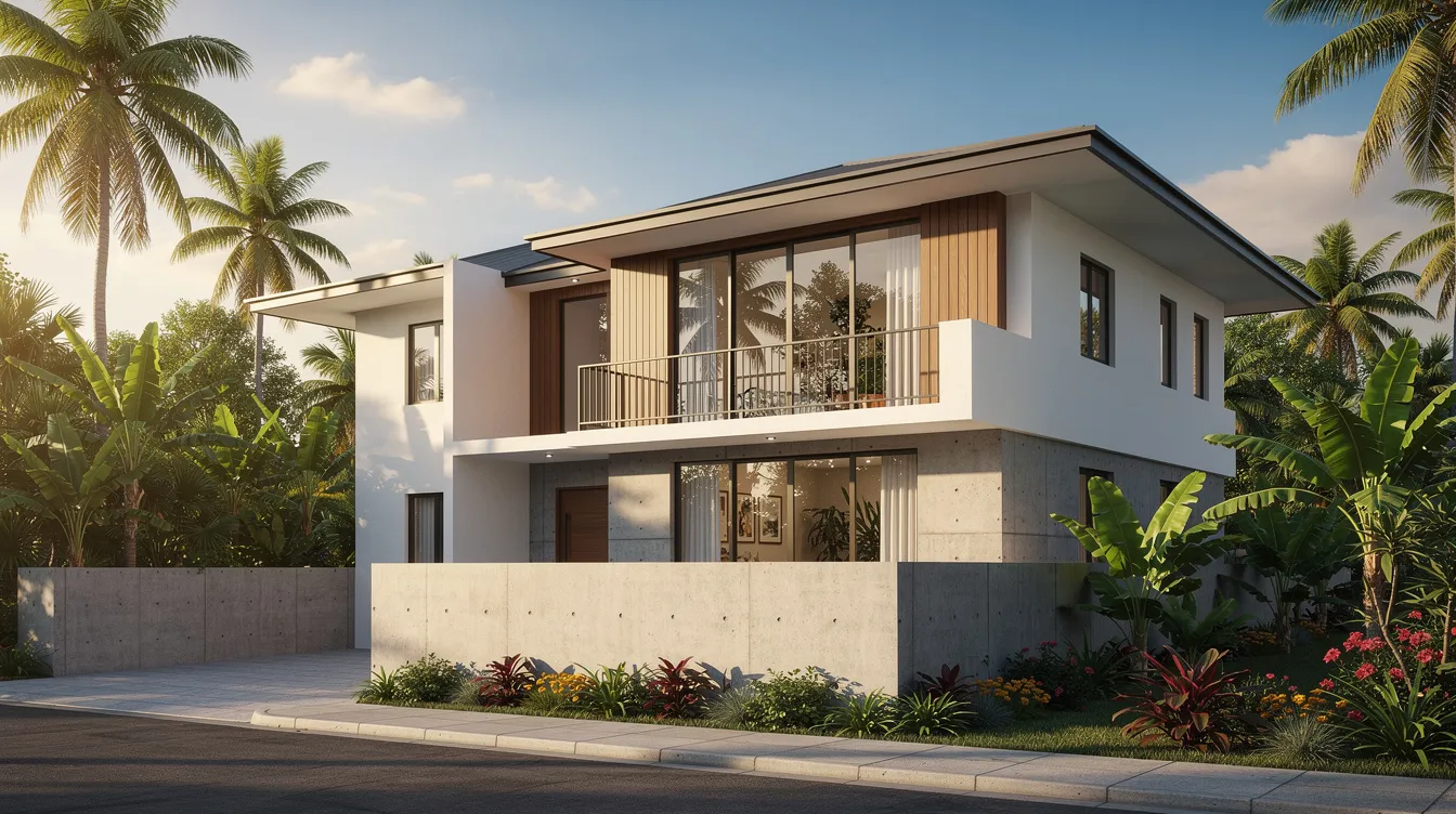 The image depicts the exterior of a two-storey detached bungalow surrounded by lush tropical landscaping and visible concrete walls, showcasing accessible structural elements that reflect the architectural style of landed properties. This setting emphasizes the importance of periodic structural inspections to ensure overall structural integrity and compliance with Singapore's building control regulations.