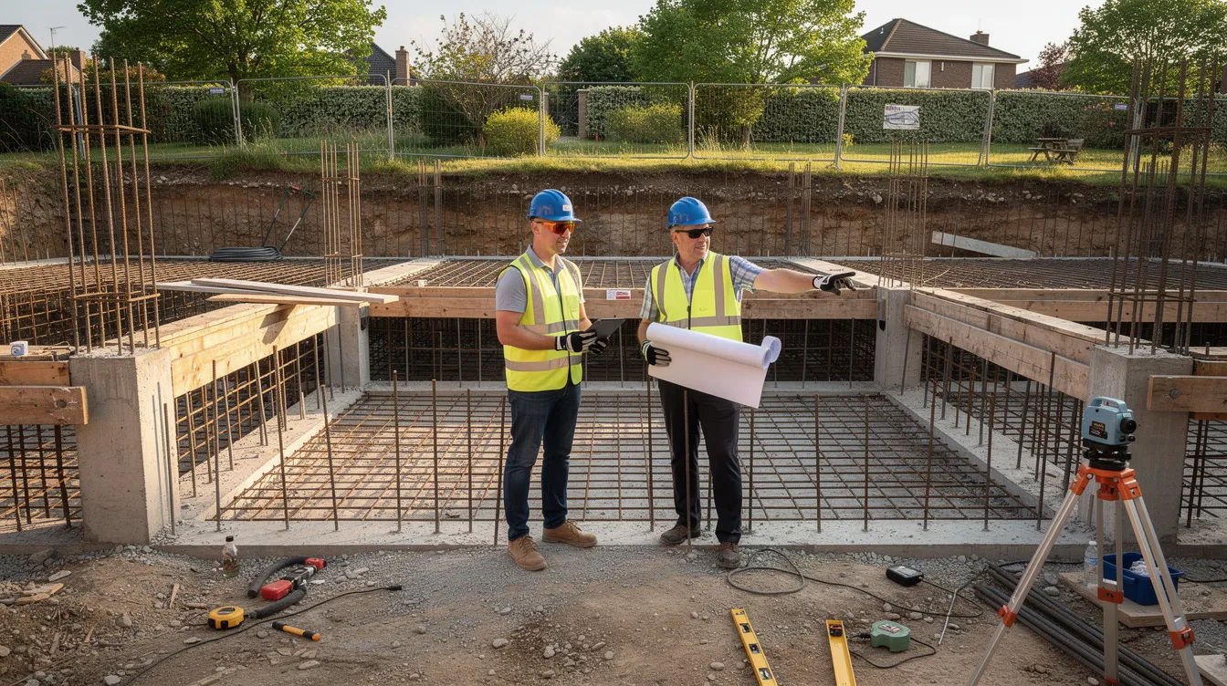 Engineers are inspecting reinforcement steel bars at a residential basement construction site, surrounded by lush greenery. This scene emphasizes the importance of structural steelwork in general building works and the role of qualified personnel in ensuring compliance with building control regulations.