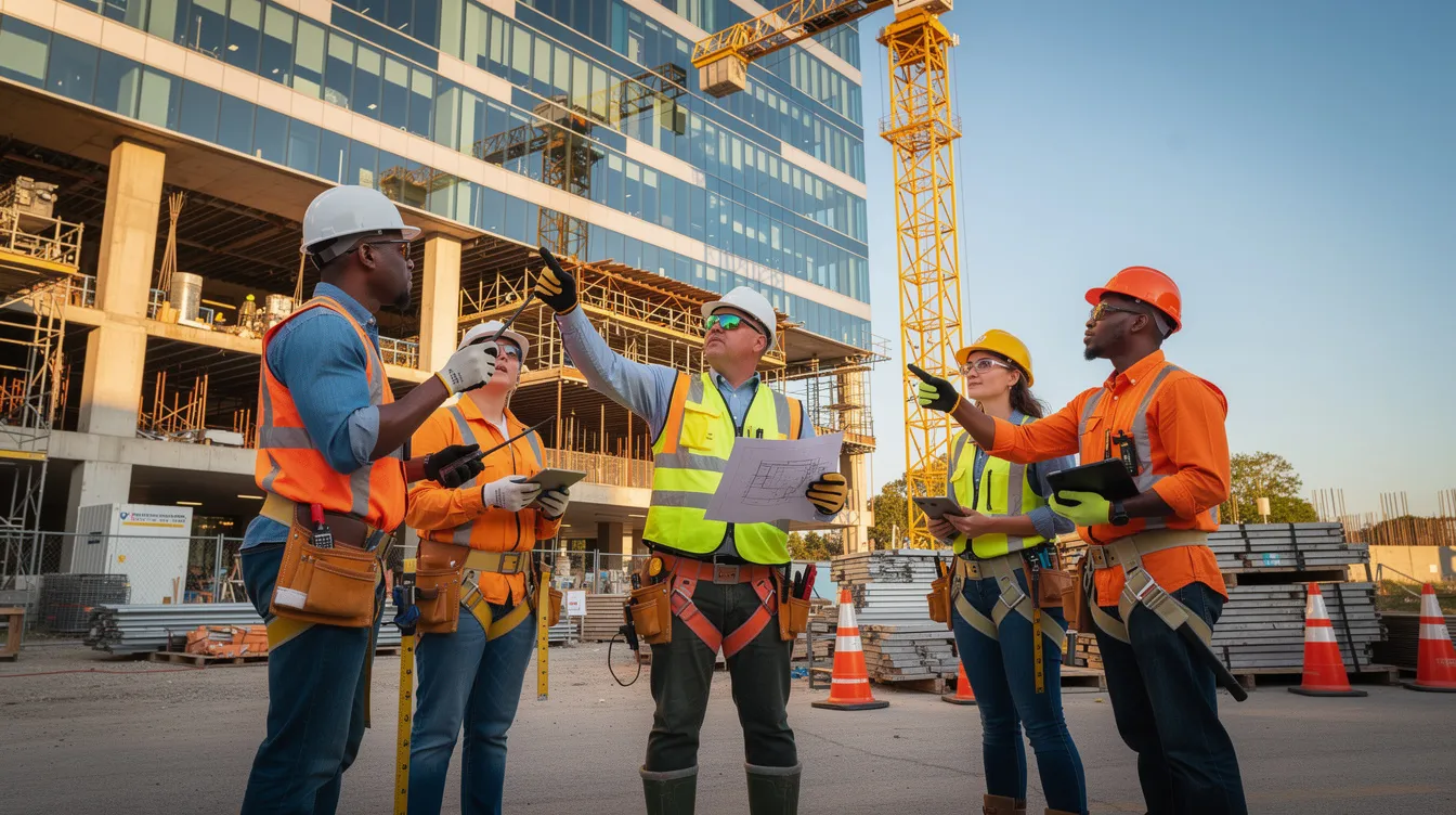 A group of construction workers is coordinating at a commercial office site, equipped with safety gear, as they discuss the office renovation process. The scene highlights the importance of project management and site assessment in ensuring the operational efficiency of the office fit out.