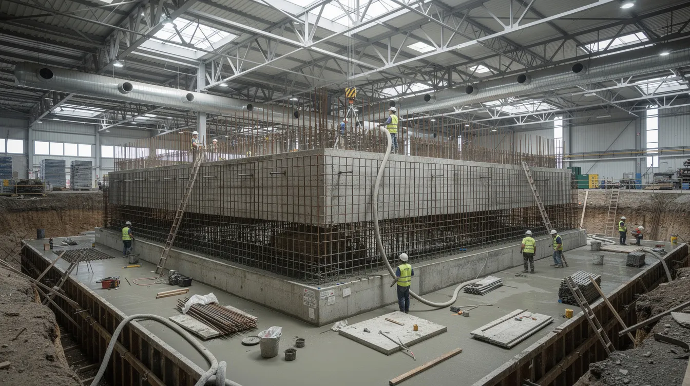 The image shows a concrete inertia block foundation under construction in an industrial facility, with visible reinforcement bars. This project exemplifies engineering techniques for building strong foundations, addressing safety and compaction requirements in the ground layers.