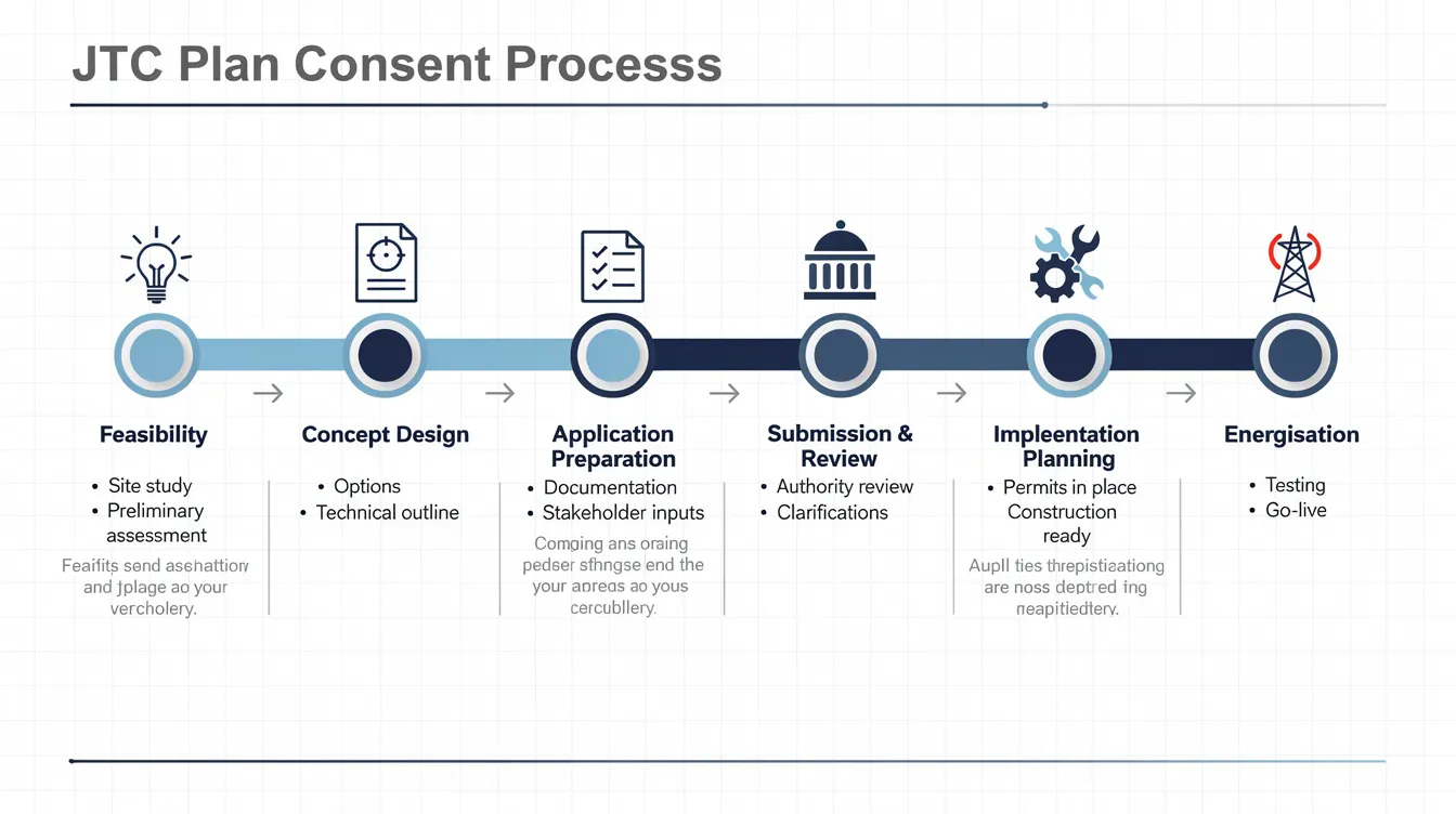 The image is a timeline infographic illustrating the JTC plan consent process phases, ranging from feasibility to energisation, highlighting key stages such as project team coordination, compliance with relevant authorities, and final inspections for a successful renovation in commercial spaces. Each phase emphasizes the importance of proper planning, material selection, and clear communication among all parties involved.