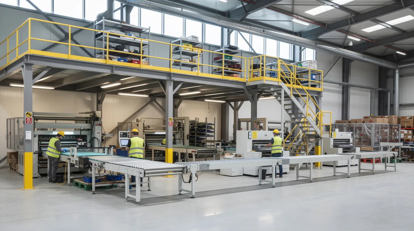 The image depicts an open factory floor bustling with workers, while a compliant mezzanine level with office space is prominently visible above, adhering to building regulations and fire safety measures. The mezzanine structure enhances the usable floor space, showcasing the efficient use of vertical space in this industrial setting.