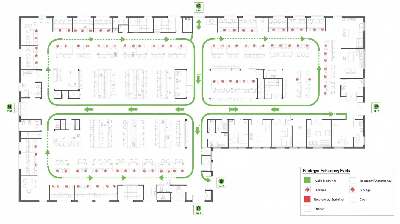 The image depicts a detailed floor plan of a factory layout, highlighting marked exit routes and the positions of an automatic sprinkler system. This diagram emphasizes fire safety provisions, including escape paths and fire alarm devices, essential for compliance with fire safety regulations and the Singapore Civil Defence Force's requirements.