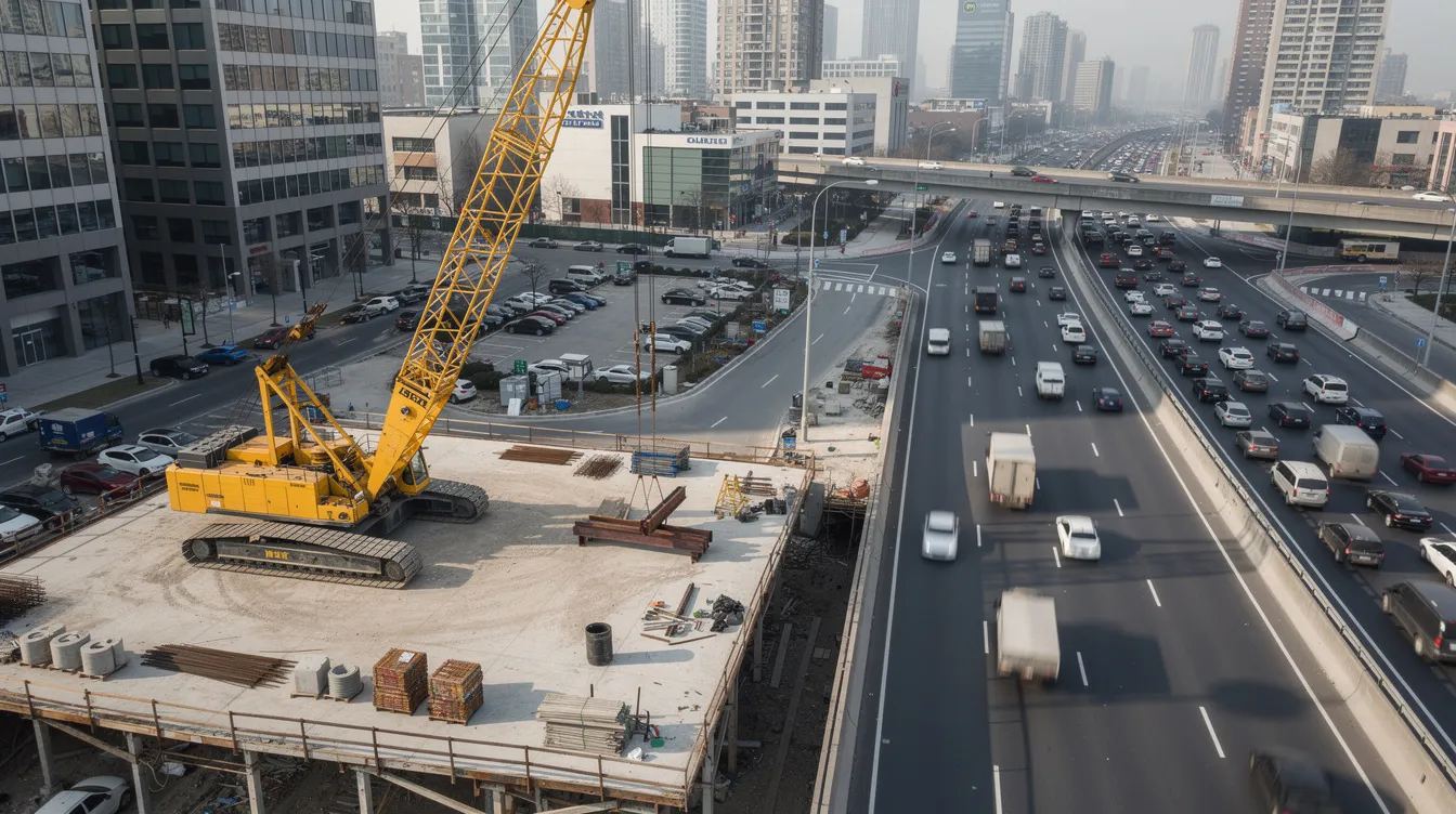 An aerial view captures a crawler crane, a type of lifting equipment, actively engaged in construction work on a platform adjacent to an urban expressway in Singapore. The scene highlights the crane's role in adhering to construction company regulations and requirements while overseeing the ongoing project.
