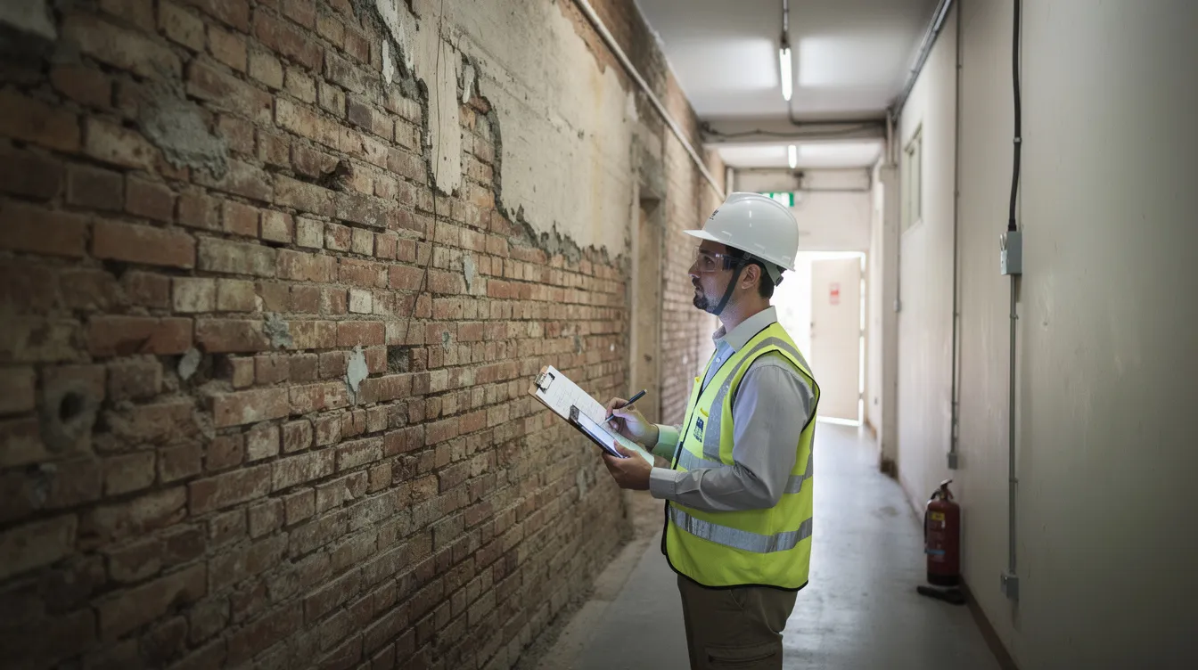 A professional engineer is conducting a visual inspection of an exposed brick party wall in a narrow shophouse corridor, assessing the structural integrity for any visible defects. This periodic structural inspection (PSI) is crucial for ensuring compliance with Singapore's Building Control Act and safeguarding public safety in commercial buildings.