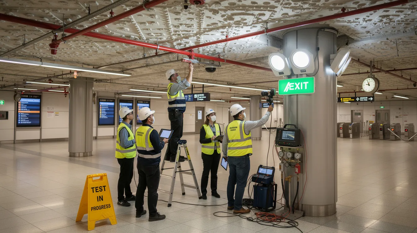 The image depicts a commissioning test of fire protection systems inside an MRT station concourse, showcasing installed sprinkler heads and emergency lighting. This scene emphasizes the importance of fire safety measures and compliance with SCDF fire safety regulations to ensure the safety of all building occupants.