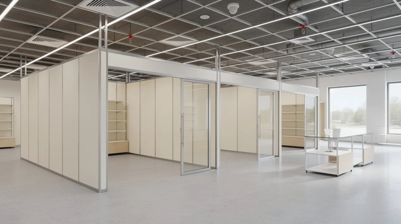The image depicts the interior of a commercial shop featuring lightweight partition walls and a ceiling grid, showcasing a modern layout designed to maximize space. The structural integrity of the non-structural walls allows for flexible room arrangements, ideal for property owners looking to enhance their establishment's gross floor area.