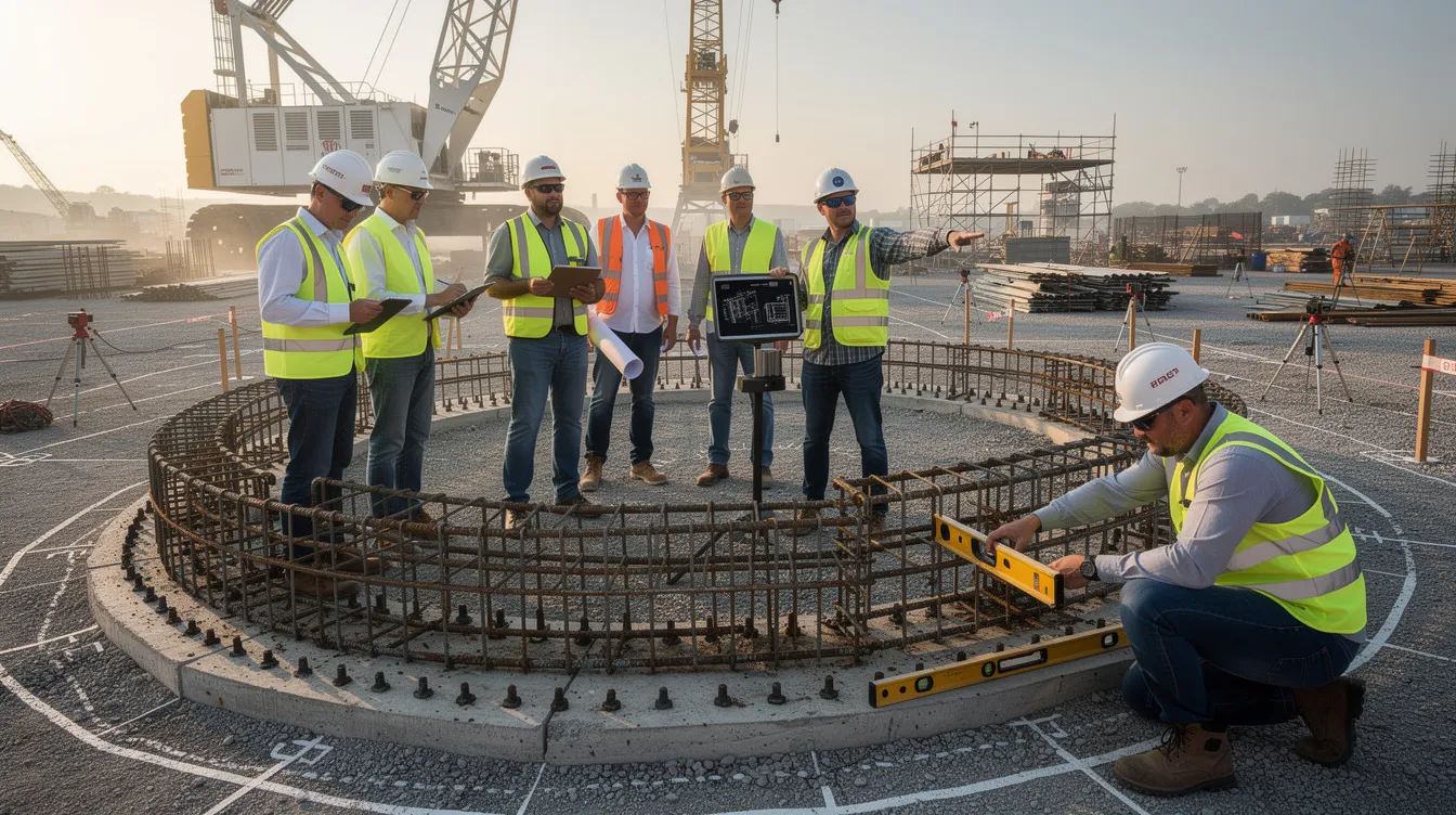 An engineering team is inspecting a crane foundation under construction, ensuring compliance with regulations and requirements for lifting equipment in Singapore. They are closely overseeing the construction work, which involves assessing the foundation's stability and adherence to safety standards.