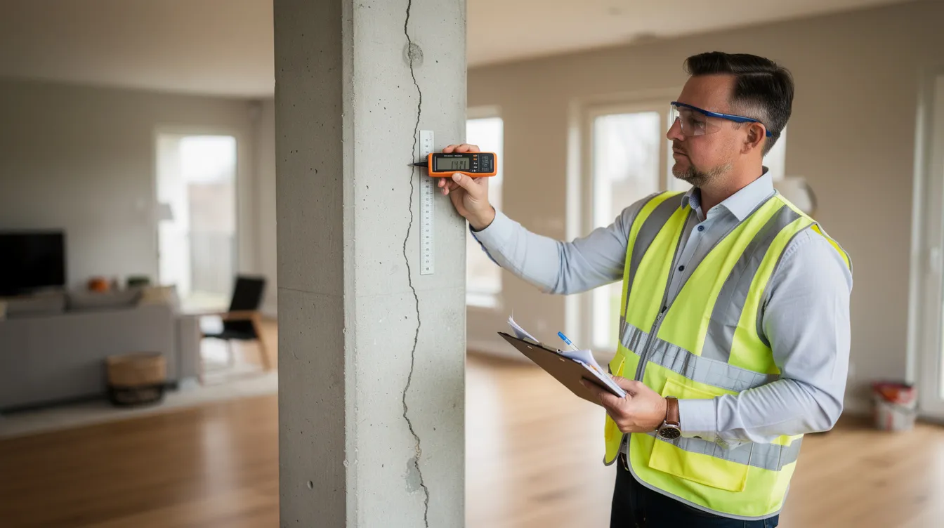 A structural engineer is conducting a visual inspection using a crack width gauge on an interior concrete column inside a residential house to assess the structural integrity and detect any potential structural defects. This inspection is essential for property owners to ensure compliance with Singapore's building control regulations and to identify any serious structural issues that may affect the overall safety of the home.