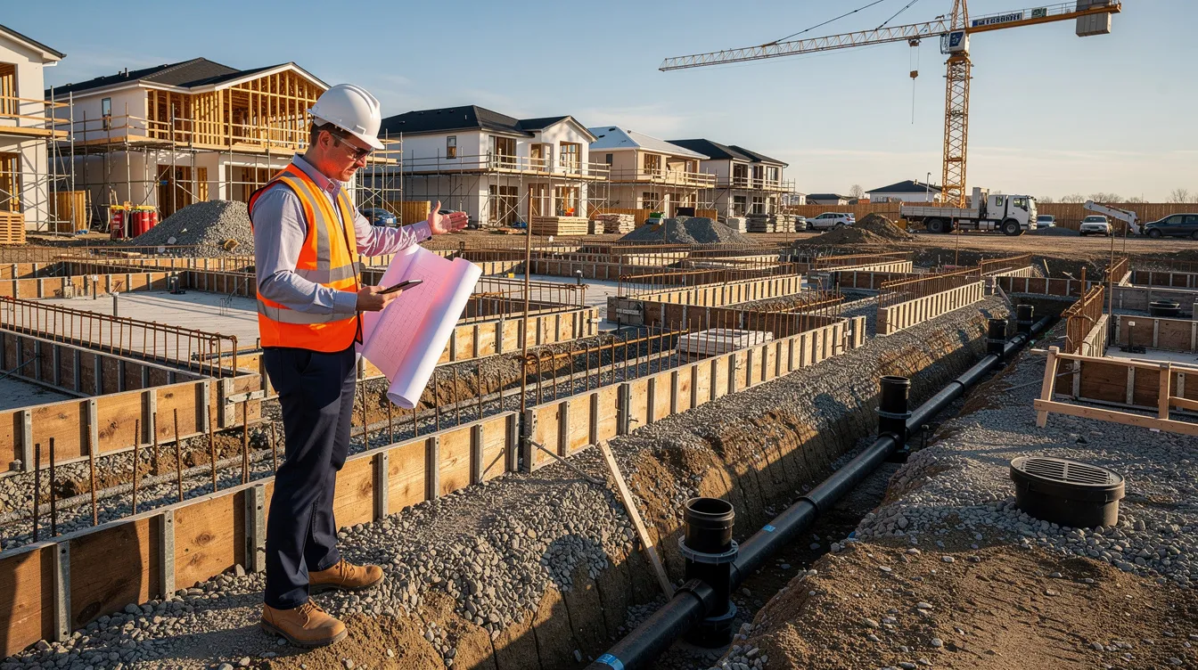 A construction supervisor is closely examining the concrete formwork and drainage layout at a large residential site, ensuring compliance with approved plans and the building control act. Their attention to detail is crucial for the successful completion of general building works and specialist building works.