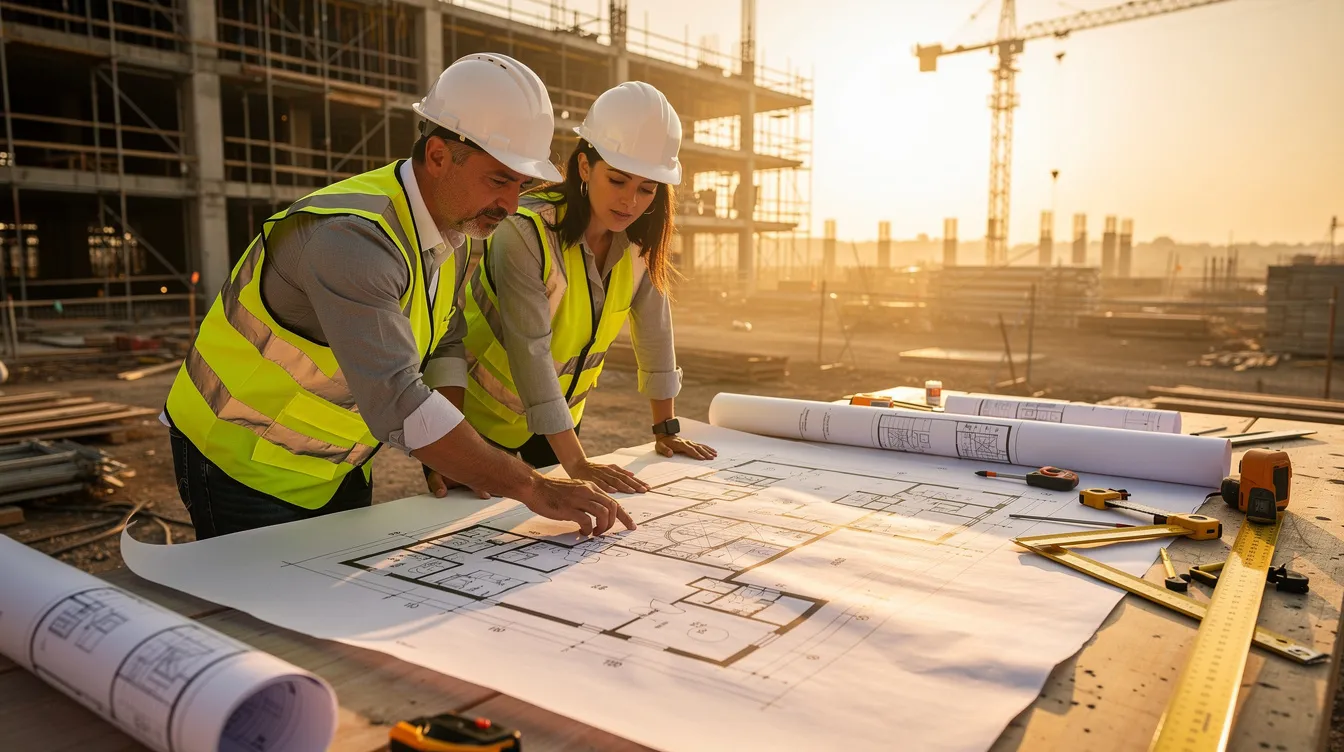 Two professionals are intently reviewing architectural blueprints laid out on a table at a construction site, discussing renovation plans for an HDB flat. Their focus on the details suggests they are considering the renovation guidelines and potential structural changes to optimize space efficiency and ensure the building's structural integrity.