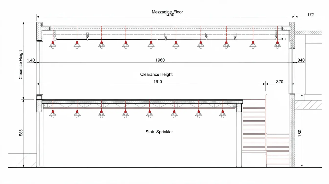 The image is a cross-section diagram illustrating mezzanine clearance heights, stair positions, and sprinkler locations within an office environment. It serves as an example of how to effectively plan and coordinate structural works to avoid common mistakes that can lead to permit delays and ensure compliance with city regulations.