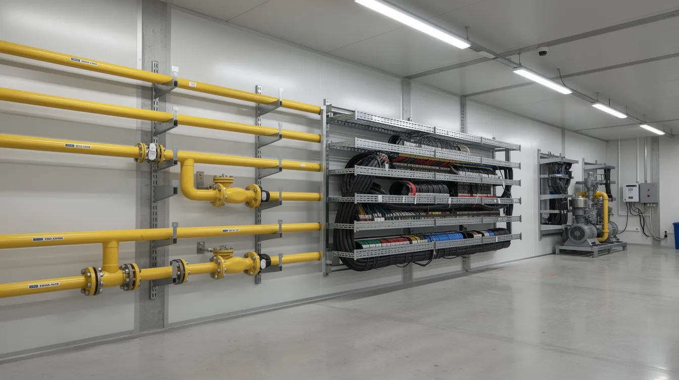 The image depicts a data centre plant room featuring diesel piping arranged alongside cable trays, with fire-rated walls ensuring compliance with fire safety regulations. This setup highlights the importance of adhering to safety standards and protocols for hazardous materials, particularly petroleum and flammable materials, in order to meet fire safety requirements and maintain public safety.