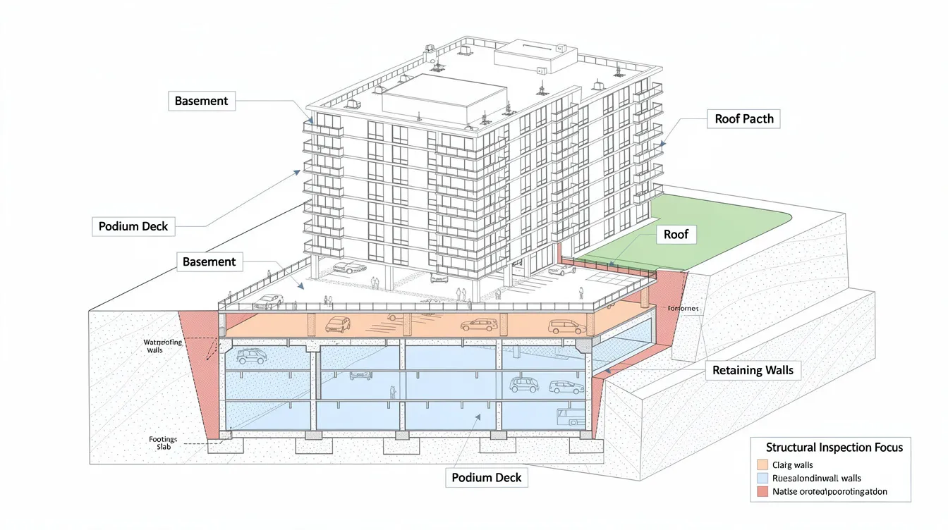 The image features a schematic plan of a typical condominium, showcasing key structural elements such as the basement, podium deck, roof, and retaining walls. This detailed layout is essential for buyers in the Singapore market to estimate the price and development potential of bigger units and apartments for sale in the area.
