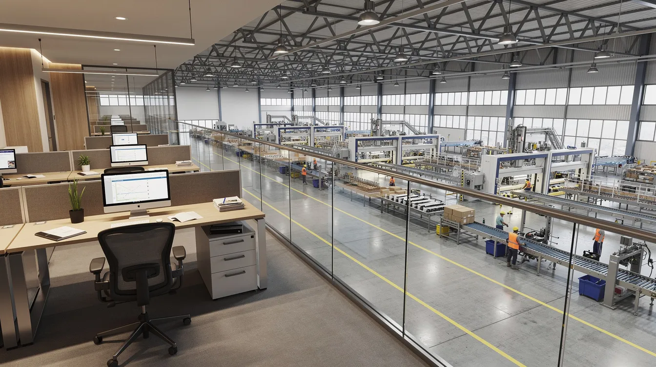 The image depicts an office area situated on a mezzanine floor that overlooks a factory production floor, showcasing a blend of office furniture and industrial equipment below. This mezzanine structure enhances the usable floor space while adhering to fire safety regulations and building control standards.