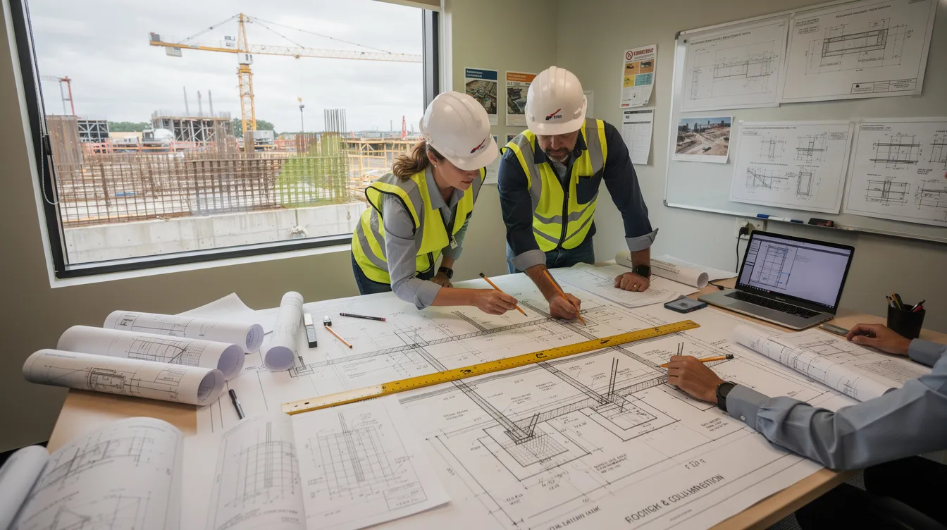 A group of engineers is gathered around a table in a construction site office, reviewing detailed structural drawings and foundation plans for a construction project in Singapore. They are discussing the requirements and regulations related to lifting equipment, such as cranes, to ensure compliance with the construction work permit.
