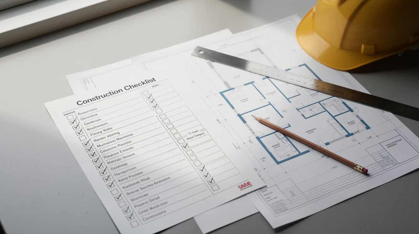 The image features construction checklist documents and building plan drawings neatly arranged on a desk, emphasizing the importance of maintaining systematic documentation and regulatory compliance for construction projects. These documents are essential for site supervision and ensuring adherence to building control regulations and safety standards.