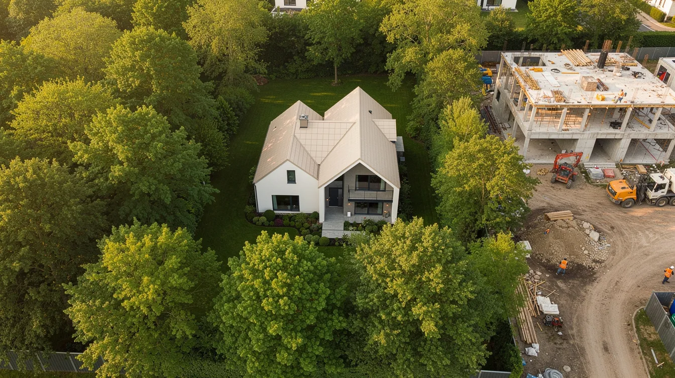An aerial view of a detached house surrounded by mature trees, with construction activity visible on an adjacent plot, highlighting the importance of periodic structural inspections to ensure the structural integrity of both residential and non-residential buildings. The scene emphasizes the role of property owners in maintaining safety and compliance with Singapore's building control regulations.