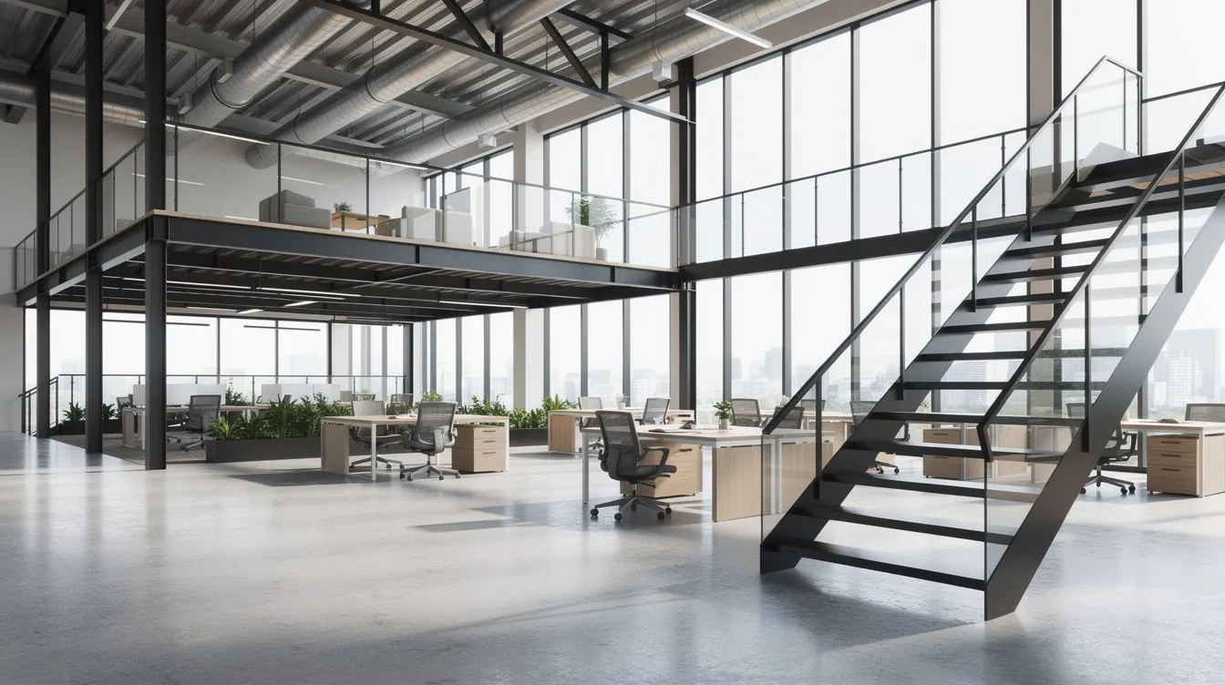 The image depicts a modern open office space featuring a partial mezzanine level, complemented by a sleek steel staircase and a glass balustrade. This design emphasizes clear communication and practical steps in the construction process, ensuring compliance with permits and minimizing potential delays.
