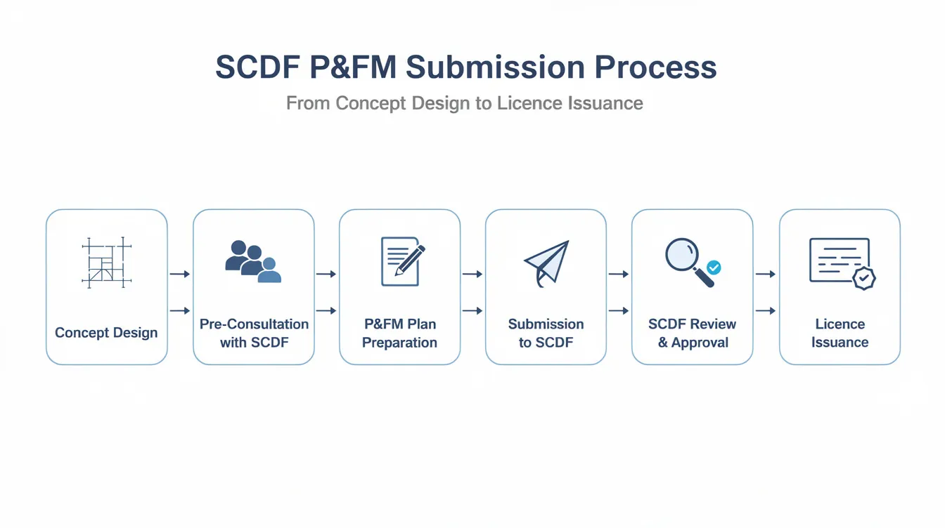 The image depicts a simplified flowchart outlining the SCDF P&FM submission steps, starting from concept design and leading to the issuance of a fire safety certificate. It highlights key processes such as site inspections, submission of approved building plans, and compliance with fire safety regulations for the storage of petroleum and flammable materials.