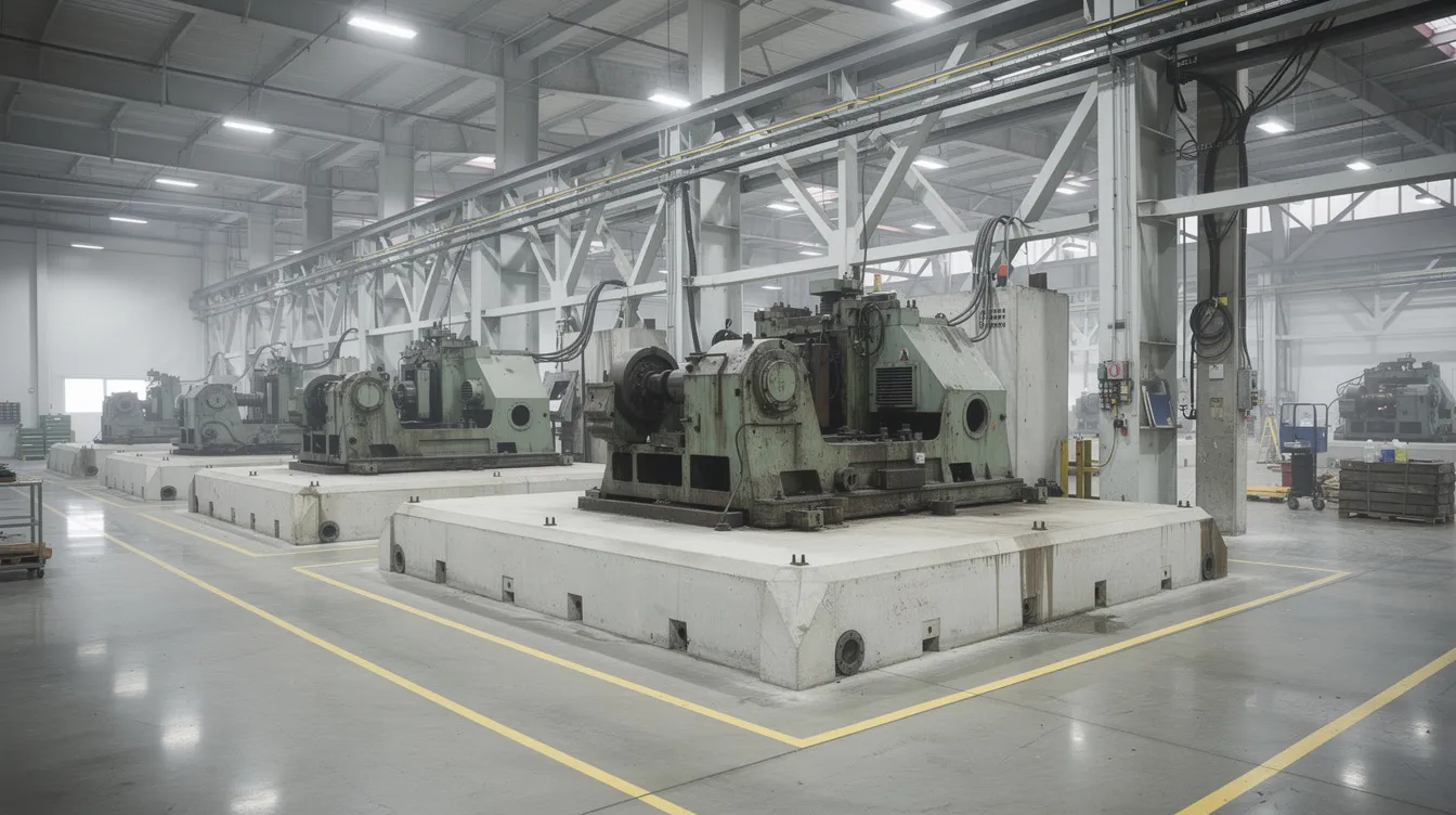 The image depicts an industrial factory floor featuring heavy machinery securely installed on concrete plinths and supported by robust steel frames. This setting highlights the importance of engineering foundations and safety techniques in building and maintaining industrial services.