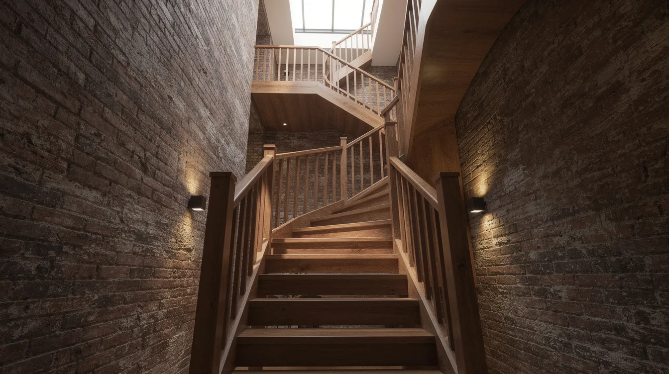 The image depicts the interior of a narrow multi-storey shophouse staircase, showcasing exposed brick walls and timber railings that highlight the building's structural integrity. This setting may require periodic structural inspections (psi) to ensure compliance with Singapore's building control act and to address any visible structural defects for the safety of tenants and the public.